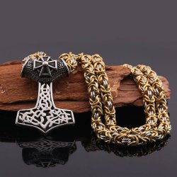 Vikingsmykke stort Thors hammer, gull/slv-farget lenke