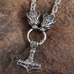 Vikingsmykke stort Thors hammer, med Fenrisulver p lenken