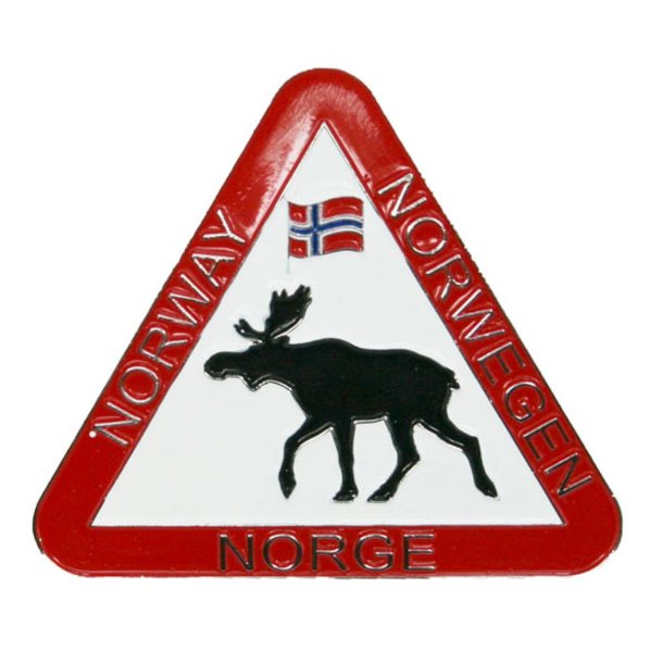 Magnet, trekantskilt med elg og flagg 