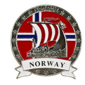 Magnet i metall med slv vikingskip og Norway
