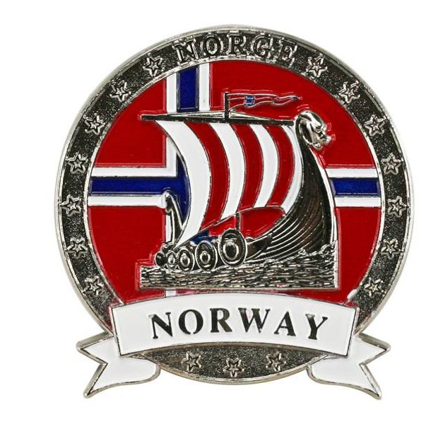 Magnet i metall med slv vikingskip og Norway